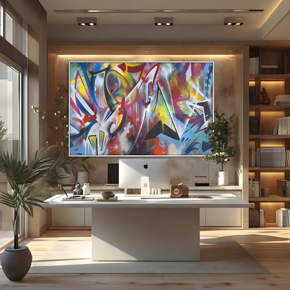 Tablou canvas cu tablou canvas cu arta graffiti colorata, in rama de aluminiu argintiu, pe perete intr-un birou